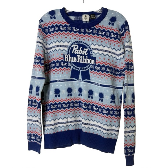 Pabst Blue Ribbon Ugly Christmas Sweater Mens XL Red White Blue Milwaukee READ - Picture 1 of 6